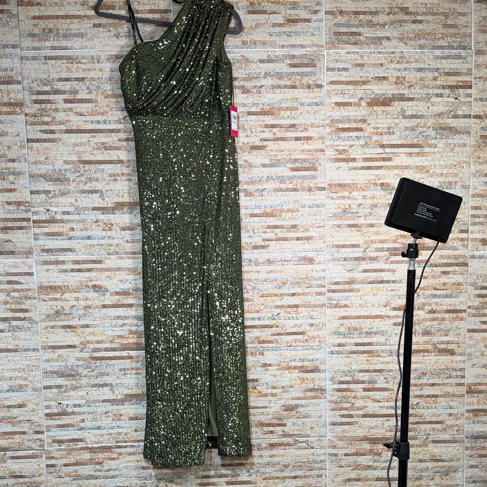 Vince Camuto Olive Sequin One-Shoulder Evening Gown